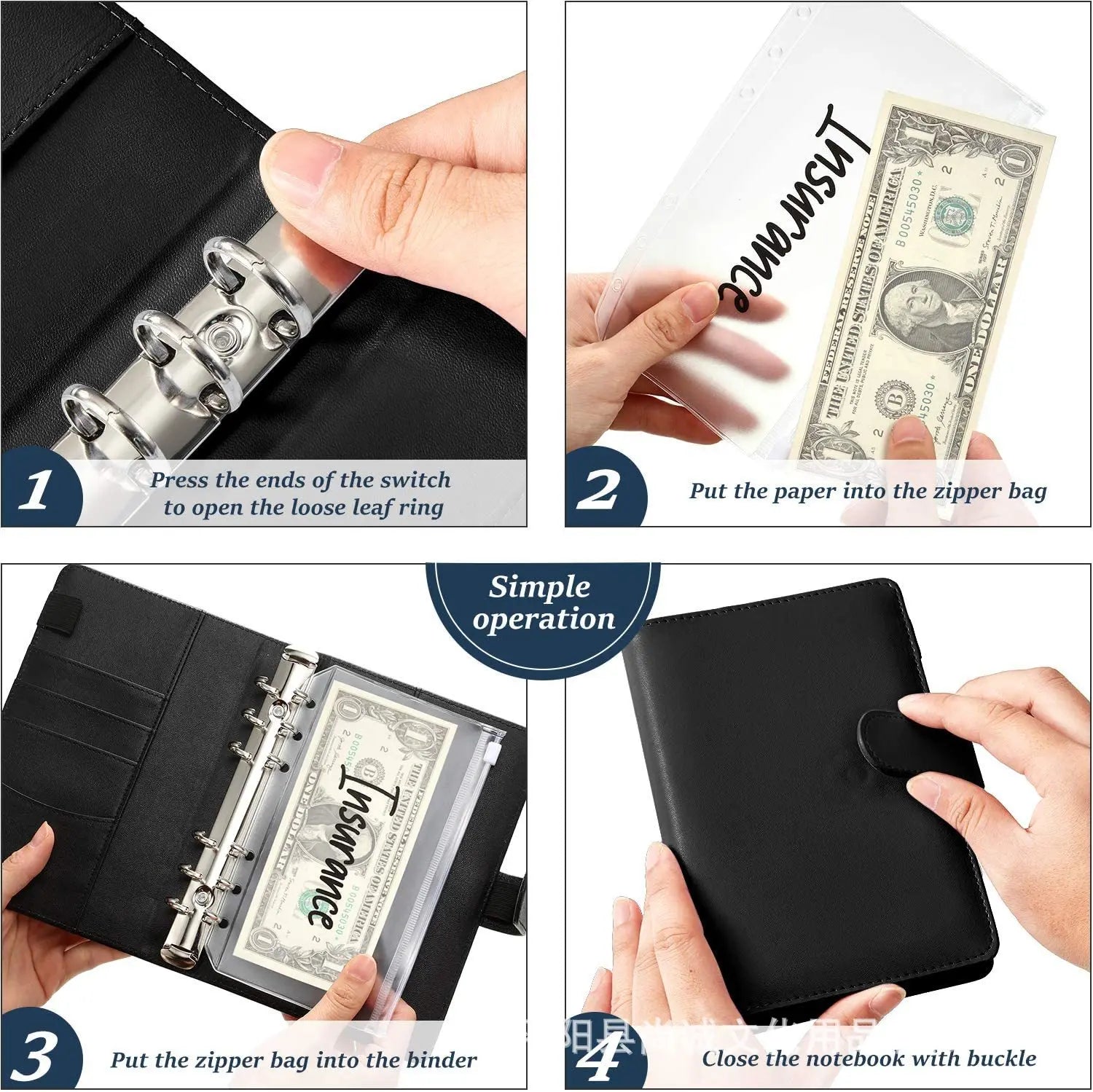 A6 Binder Pockets 6 Holes Cash Envelopes for Budgeting, Clear Zipper Folders for 6-Ring Budget Binder