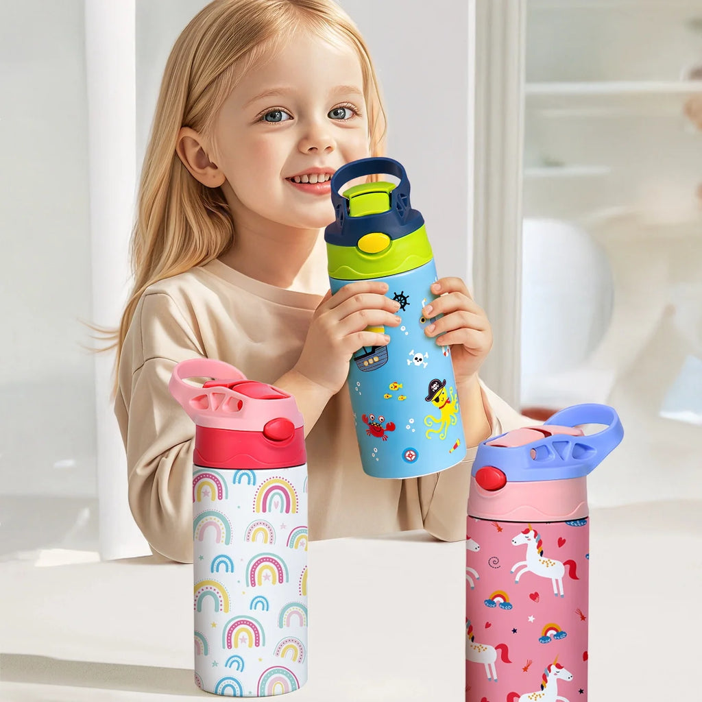 350ml Cartoon Pattern Vacuum Cup Kids Insulated Water Bottle Cute Animal Straw Thermos Mug Handheld Kettle for Outdoor School