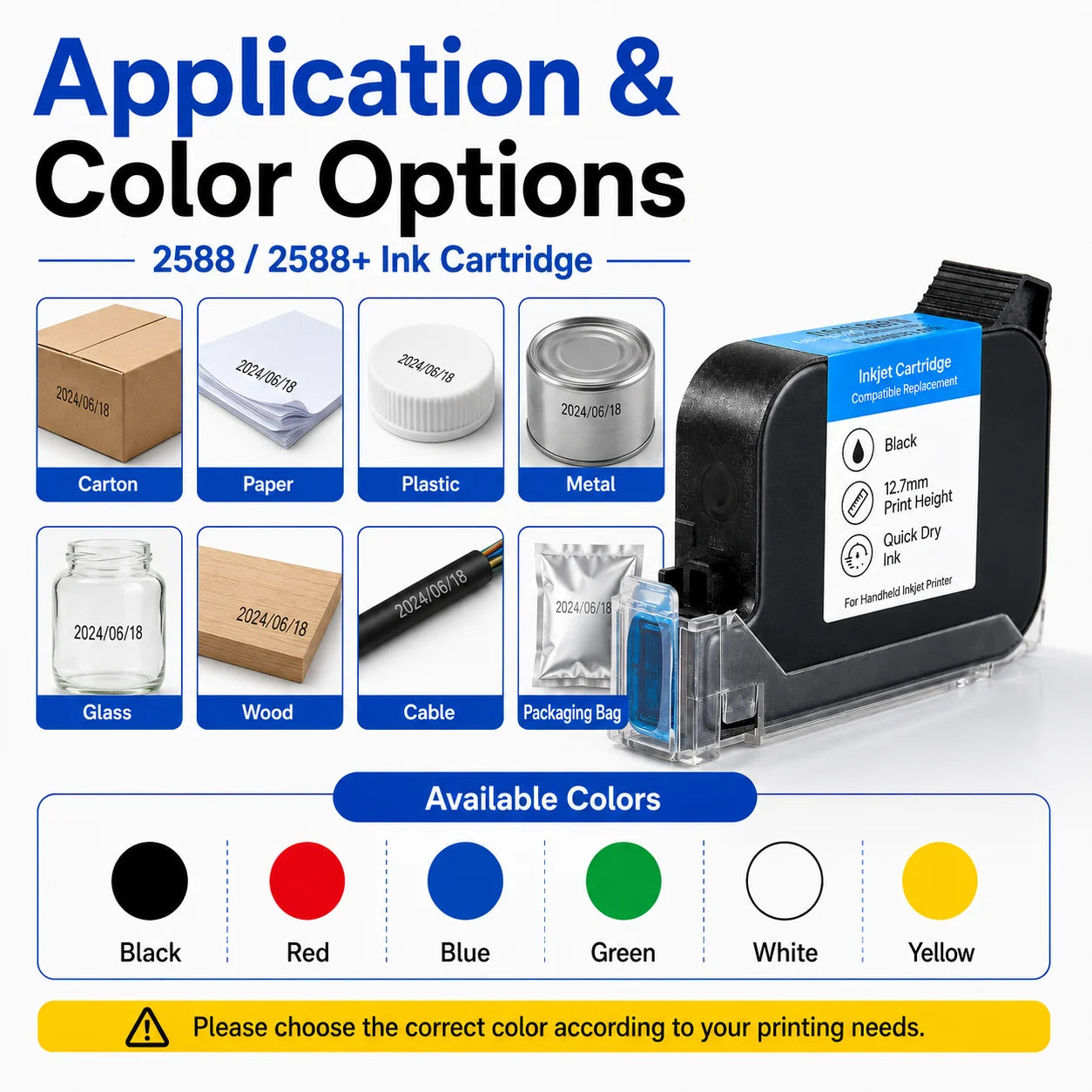 2588 2588+ 2588M 42ML Quick Dry Ink Cartridge 12.7mm Print Height for Handheld Inkjet Printer Compatible Replacement