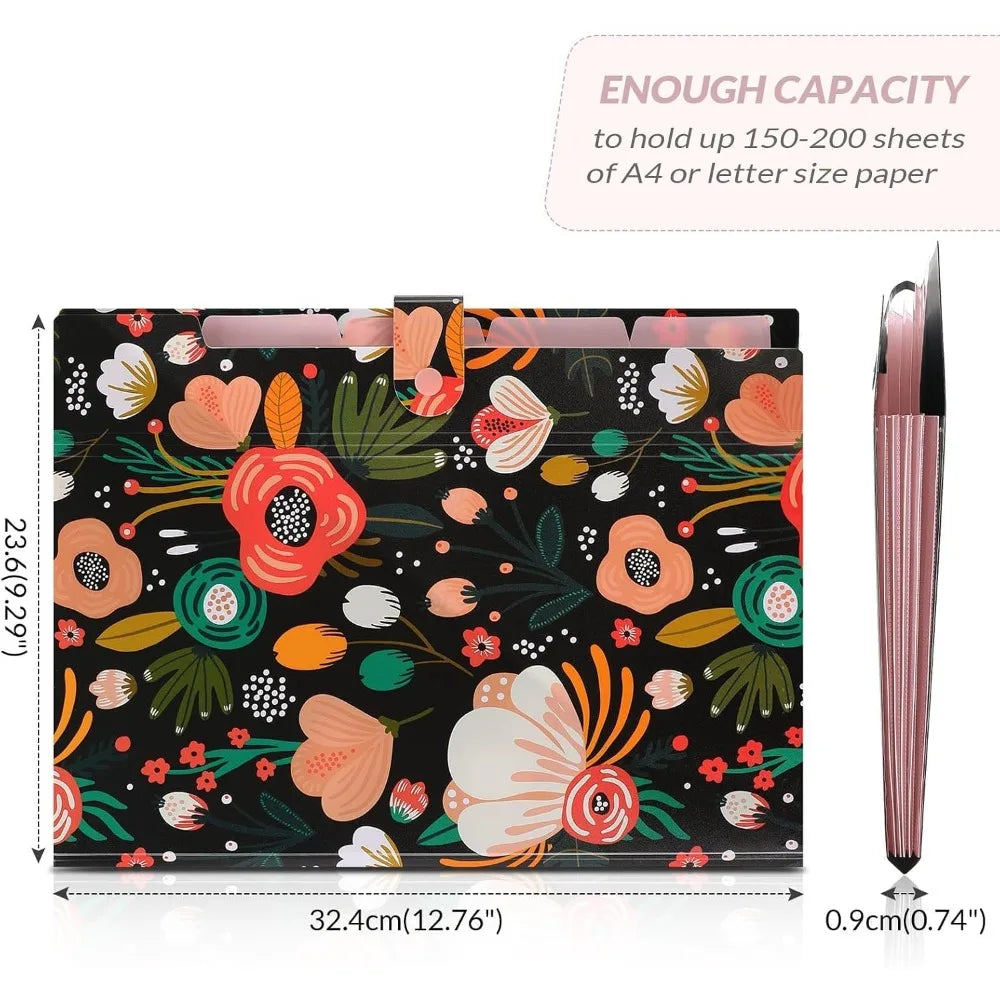 Expanding File Folder with 5 Pockets Floral Accordion Organizer for Important Documents Receipts Portable School Office Supplies Black