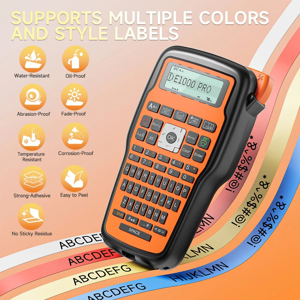 E1000 PRO Label Maker Printer TZ231 Label Maker Tape QWERTY Keyboard Symbols Industrial Printer Work with Heat Shrink Tubes
