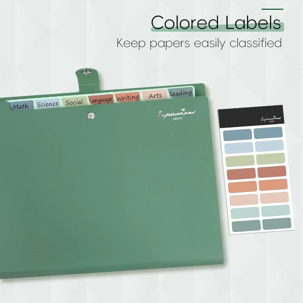 8 Pocket Expanding Accordion File Organizer | Letter Size Dark Green Folder | Portable Document Storage With Classification Labels