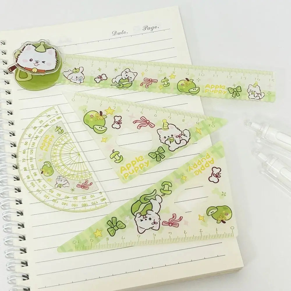 4pcs New Acrylic Ruler Set Red Kitten/Green Puppy Measurement Drawing Stationery Set Square Protractor Gift