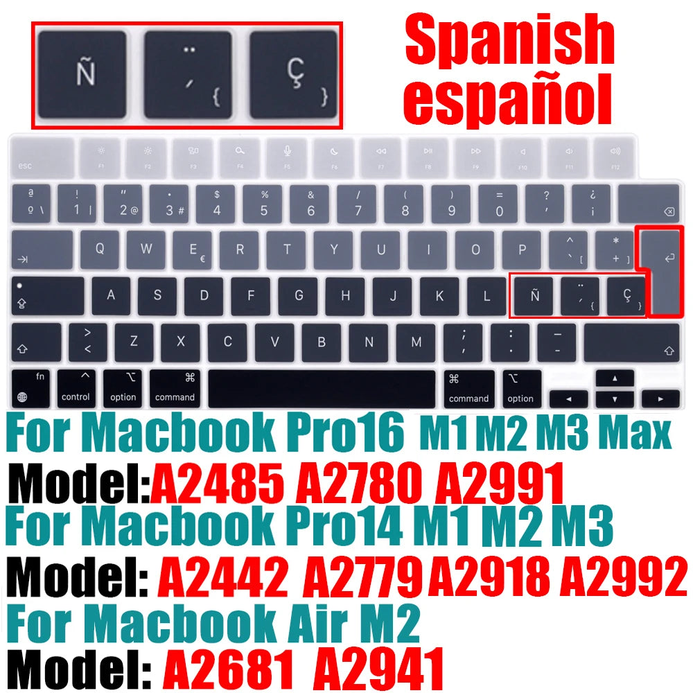 Spanish Keyboard Cover for MacBook Air 13.6 15.3 inch A2681 A2941 A2337 M3 M2 M1 Pro14" 16" A2442 A2779 A2918 A2992 A2485 A2991