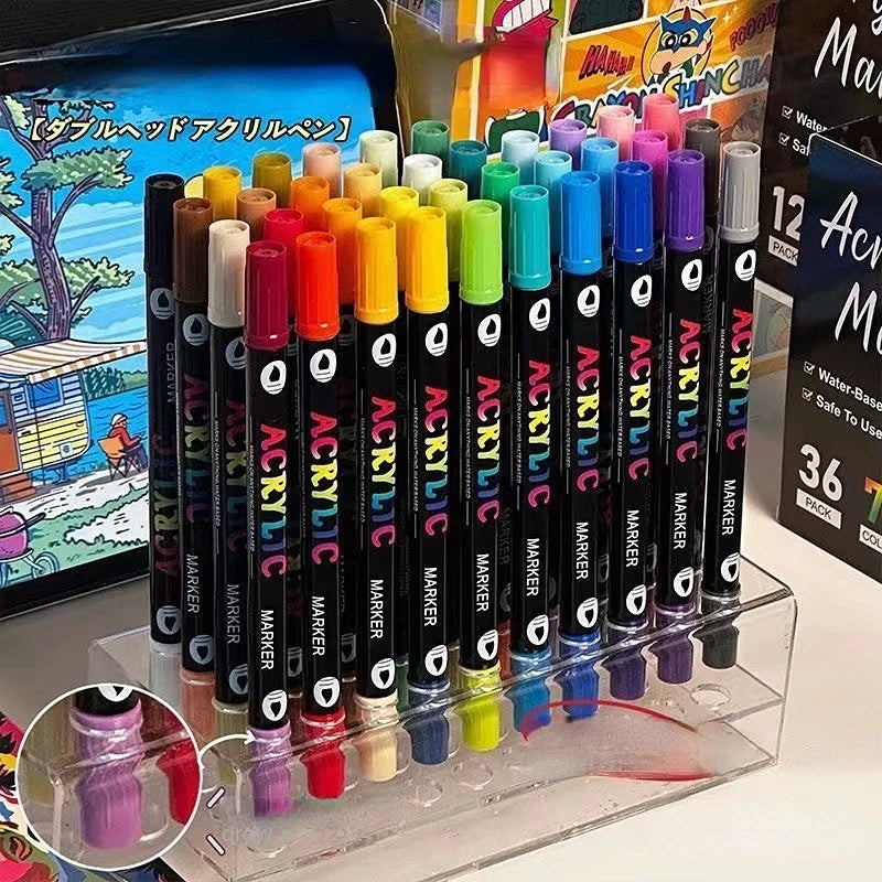 Professional Art Use 24-120Colors Acrylic Paint Markers, Dual-Tip Fine and Brush Tip Pens, Suitable for Stone, Wood, Calligraphy