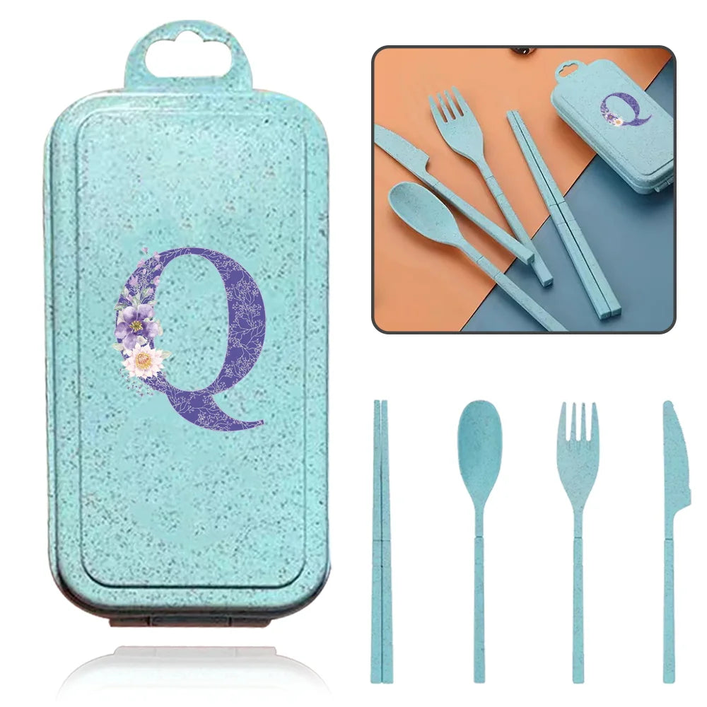 4Pcs Wheat Straw Cutlery Knife Spoon Fork Chopsticks Portable Set Plastic Detachable Dinnerware Purple Flower Letter Pattern