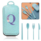 4Pcs Wheat Straw Cutlery Knife Spoon Fork Chopsticks Portable Set Plastic Detachable Dinnerware Purple Flower Letter Pattern