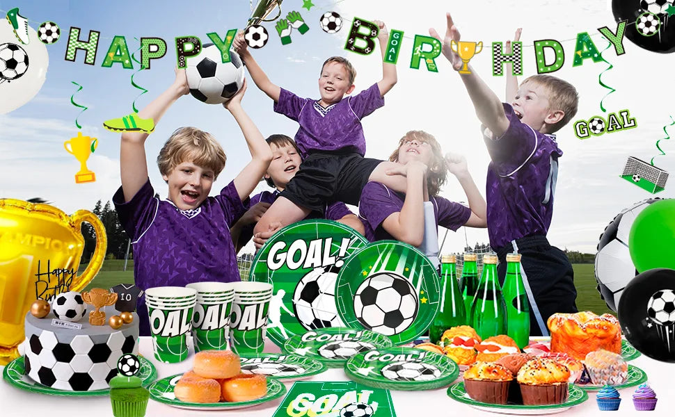 Soccer Party Decorations,113pcs Party Decorations&Tableware Set-Soccer Birthday Banner Balloons Whistle Keychain Plates etc