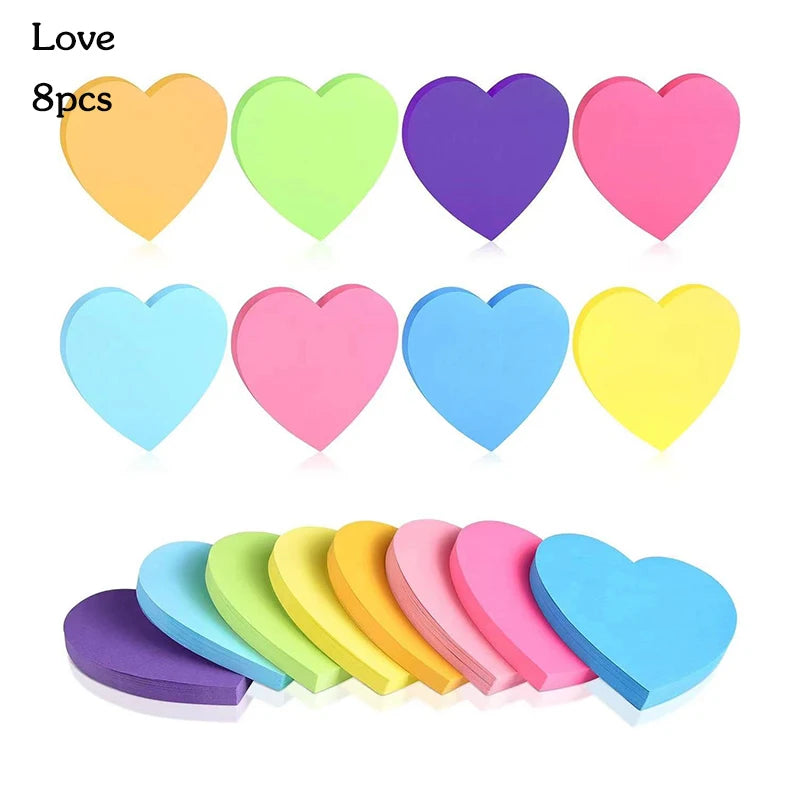 Set of 8 Brightly Colored Self-Adhesive Sticky Notes Featuring Bubbles, Arrows, and Hearts—Perfect for Home and School