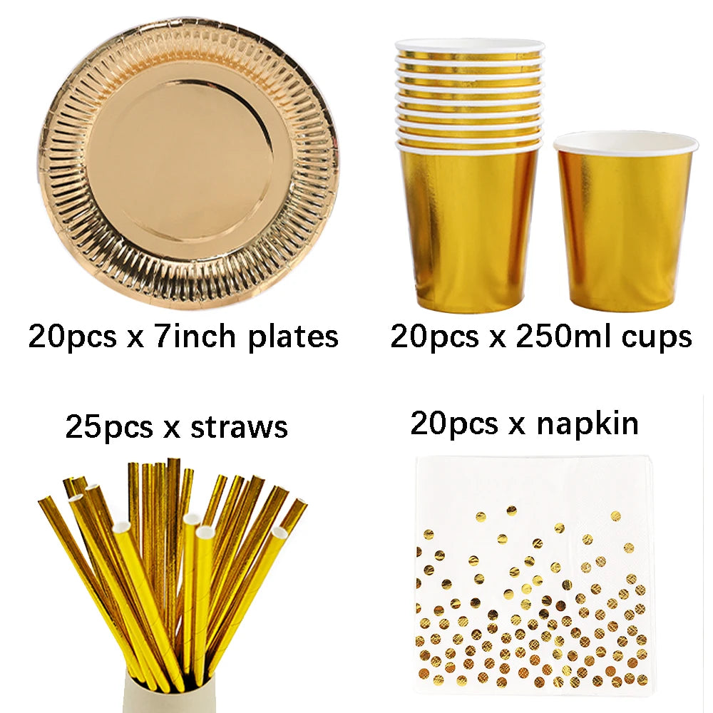 Gold Party Disposable Tableware Set Paper Plates Cups Napkins for Birthday Wedding Bachelorette Party Decoration Baby Shower