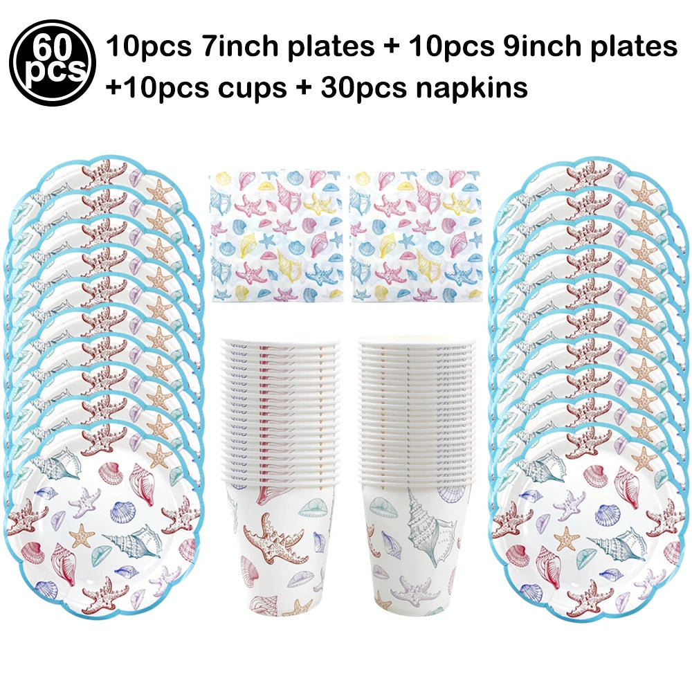 Ocean Animals Theme Disposable Tableware Plates Napkins Cup Paper Straws Whale Turtle Balloon Under The Sea Birthday Party Decor