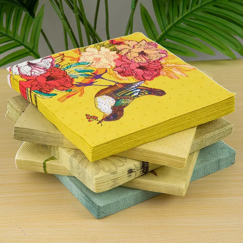 20pcs/Pac Flower and Bird Series Printed Napkins Native Wood Pulp 2-Ply Colorful Paper Napkins Kitchen Table Holiday Decoration