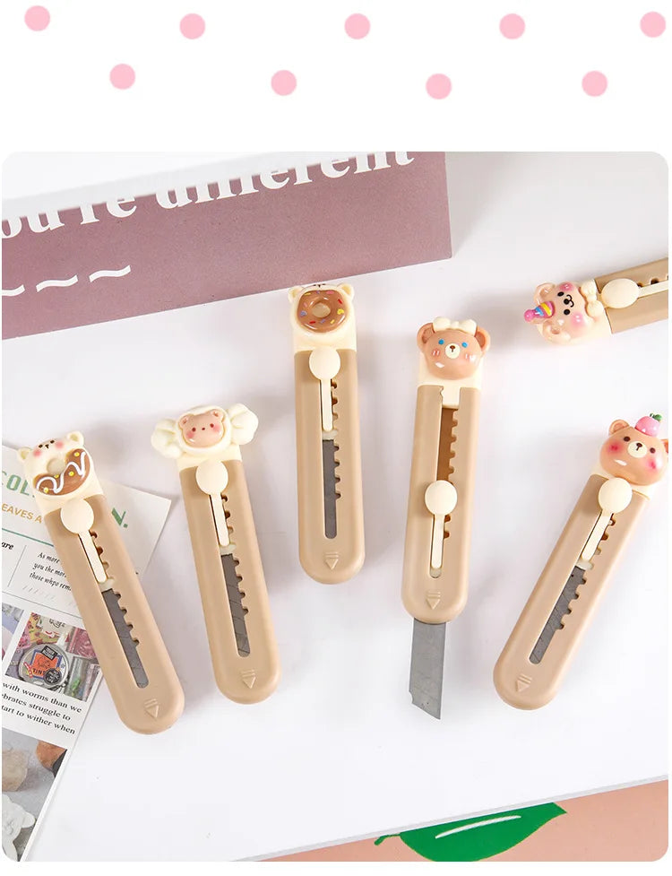 1 Piece Cartoon Utility Knife for Student Cute Fashion Box Cutter Small Portable Kawaii Beige Coffee Color Letter Opener Office