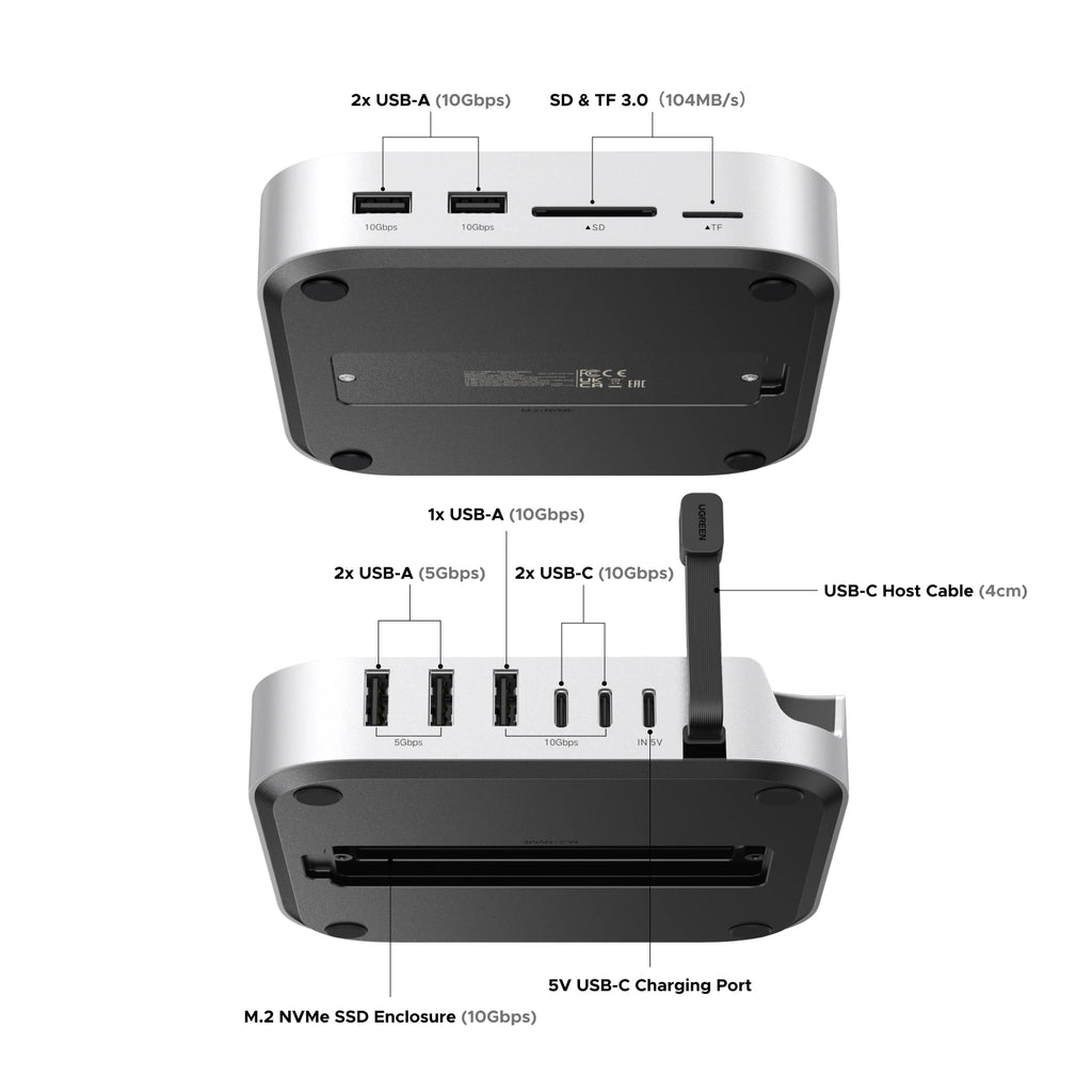 UGREEN USB HUB Docking Station for Mac Mini M4 M4 Pro M.2 NVMe SSD 8TB Max 10Gbps USB-A&C Ports SD&TF 170MB/s USB Splitter Dock