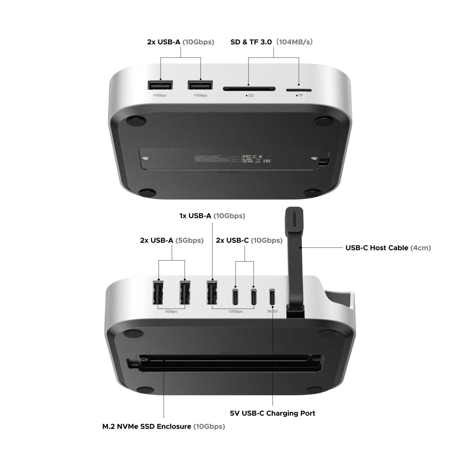UGREEN USB HUB Docking Station for Mac Mini M4 M4 Pro M.2 NVMe SSD 8TB Max 10Gbps USB-A&C Ports SD&TF 170MB/s USB Splitter Dock
