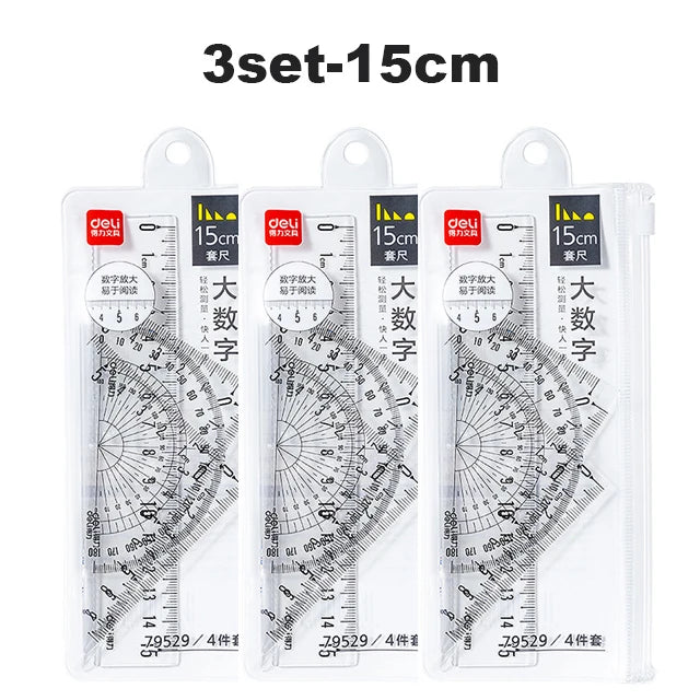 Deli 4Pcs Student Ruler Set Transparent Plastic Straight Ruler Triangle Protractor for Kids School Office Home Supplies