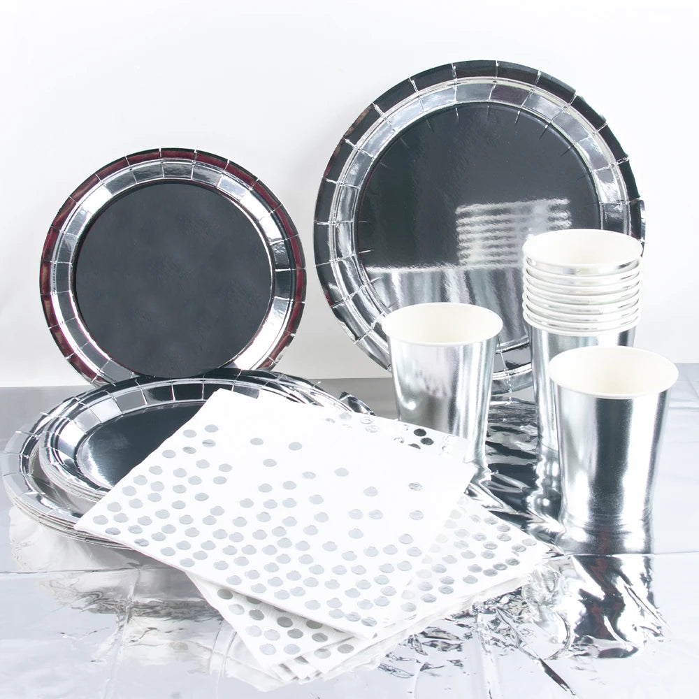 Silver Laser Paper Disposable Tableware Set Dinner Paper Plate Cup Napkin Tablecloth for Birthday Party Retirement Wedding Party