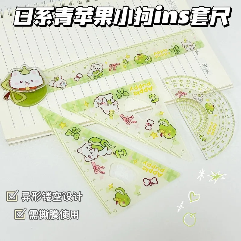 Cartoon 4pcs Ruler Set, Acrylic Straight Ruler Triangle Ruler Protractor, Cute Stationery Measuring Tools for Students