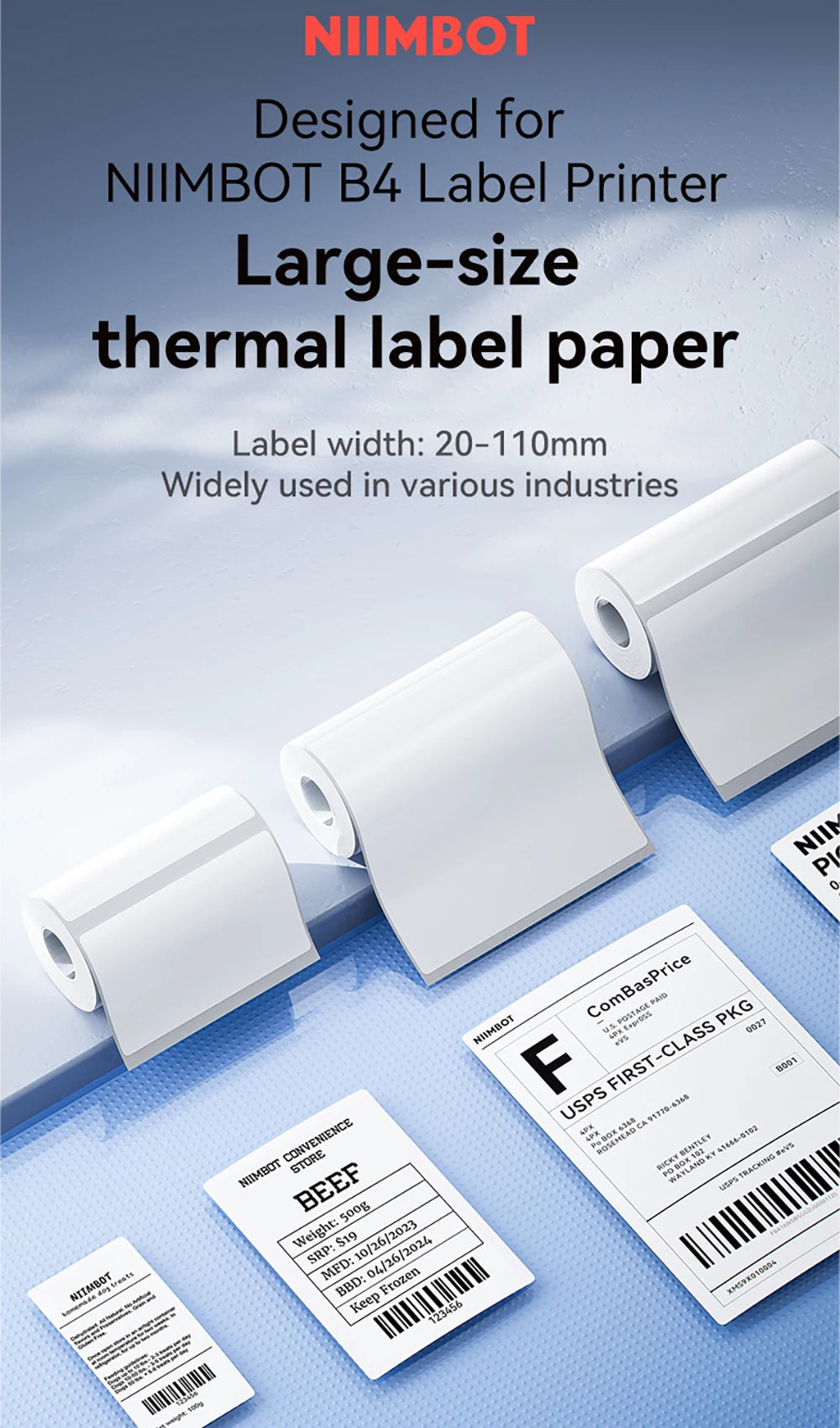 Niimbot B4 Thermal Label Printer Large Size 20-110mmm Print Width Label Sitcker Machine Shipping Label Business Office Use