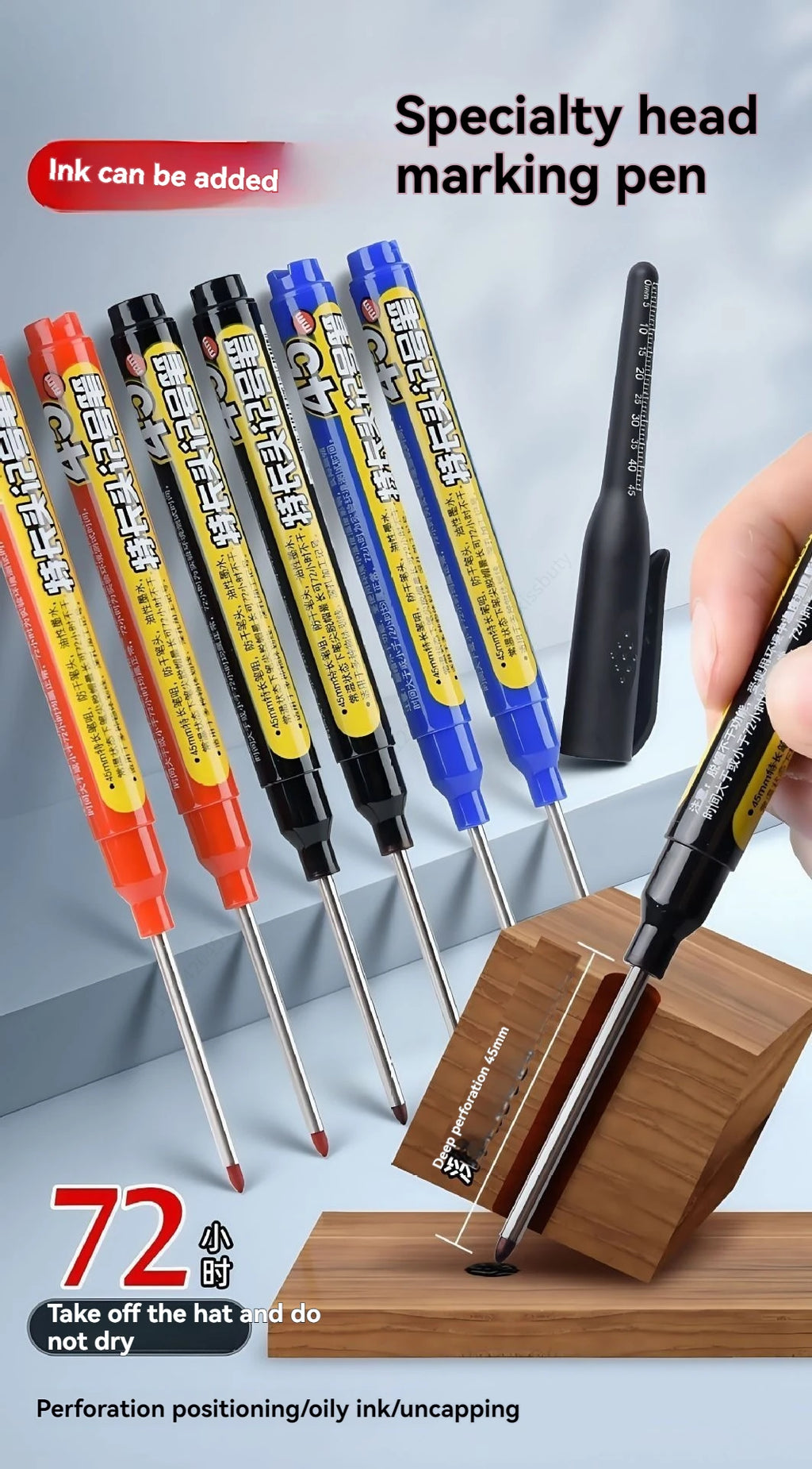 1-12 PCS 45mm Tip Waterproof Long Head Marker Pen Quick-Dry Ink for Woodworking Construction, Deep Hole White Black Red Blue