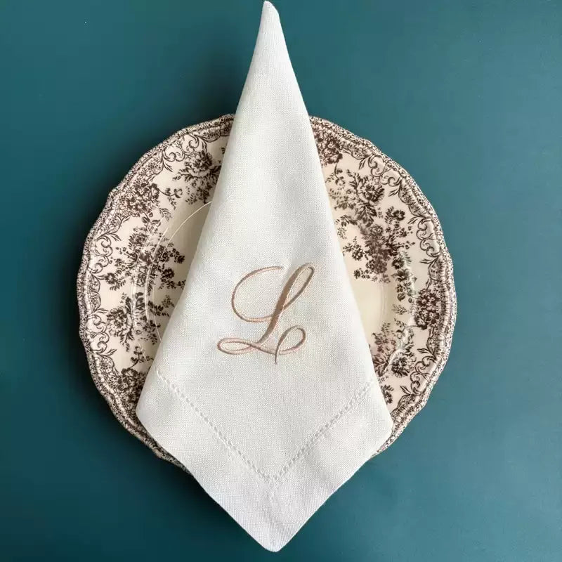 Script Font Monogram Embroidered White Dinner Cloth Napkins, White Housewarming Gift Wedding Event Napkin