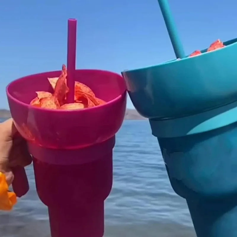 New 2 IN 1 Creative Popcorn Snack Cup Integrated Beverage Cup with Handle Portable Beverage Cup Novel Design and Many Functions
