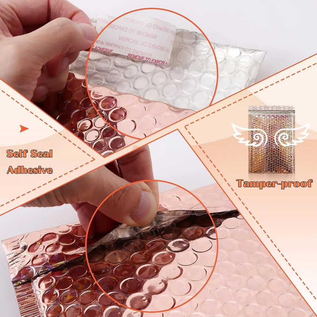 Holographic Pink Bubble Mailers Self Seal Padded Envelopes Waterproof Shipping Bags for Small Business