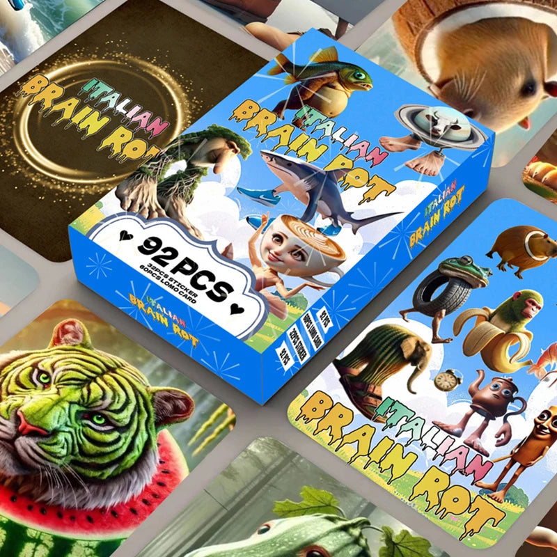 92pcs/set of brain rot card cardboard, 60 cards and 32 stickers, tung tung sahur card collection set, wooden stick sh