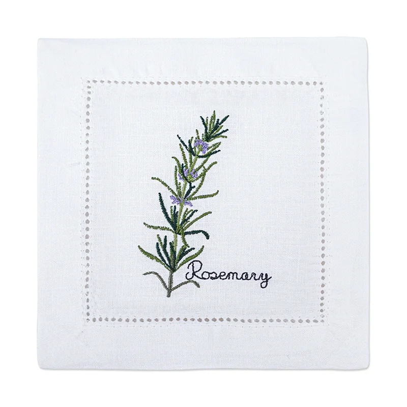 New Embroidered Herb Cocktail Napkin, Pure Linen, Lavender, Rosemary, Mint，Sage，Natural, Elegant, Tea Napkin, 15x15cm,