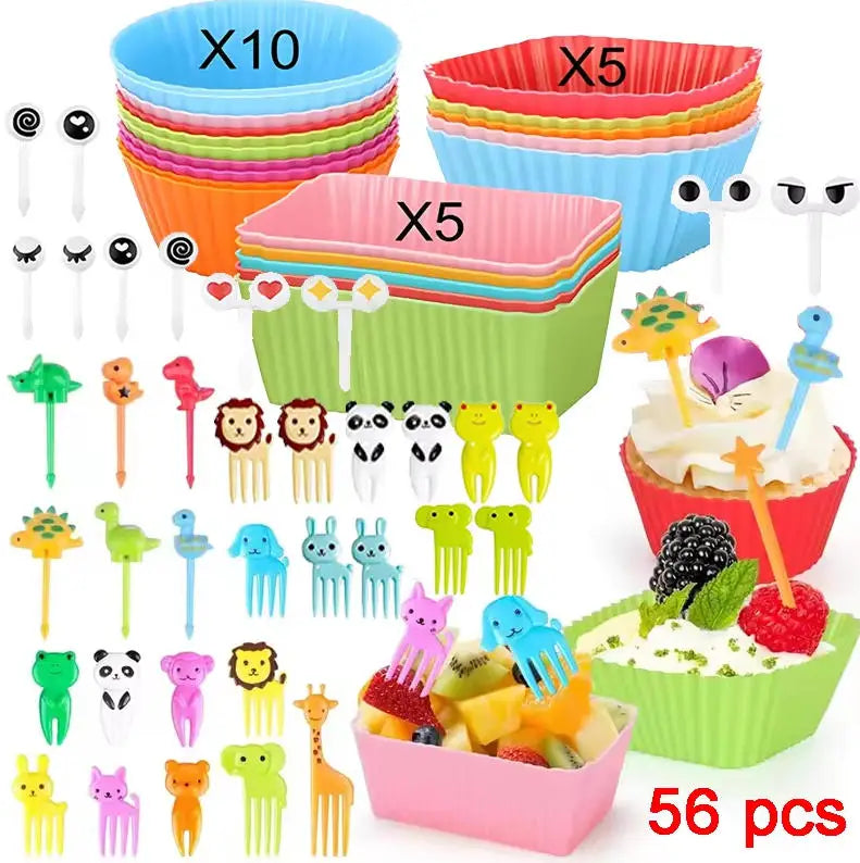Kids Lunch Bento Box Accessories with Silicone Cupcake Liners for Baking and Small Animal Food Toothpicks Fruit Forks