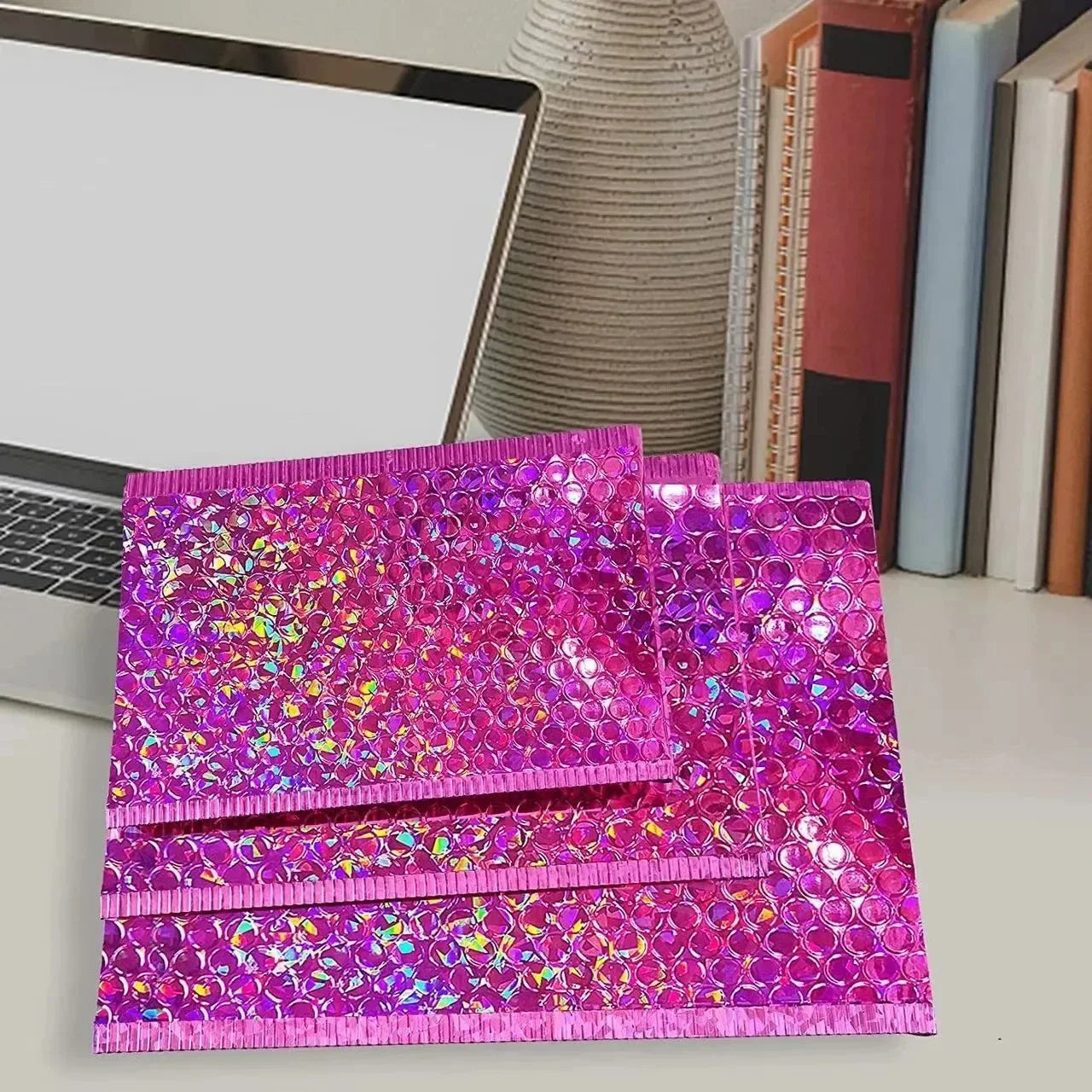 50Pcs Holographic Bubble Mailer Rose Red Mailing Envelope Waterproof Courier Bag Padded Bubble Envelopes Pack Bag for Shipping
