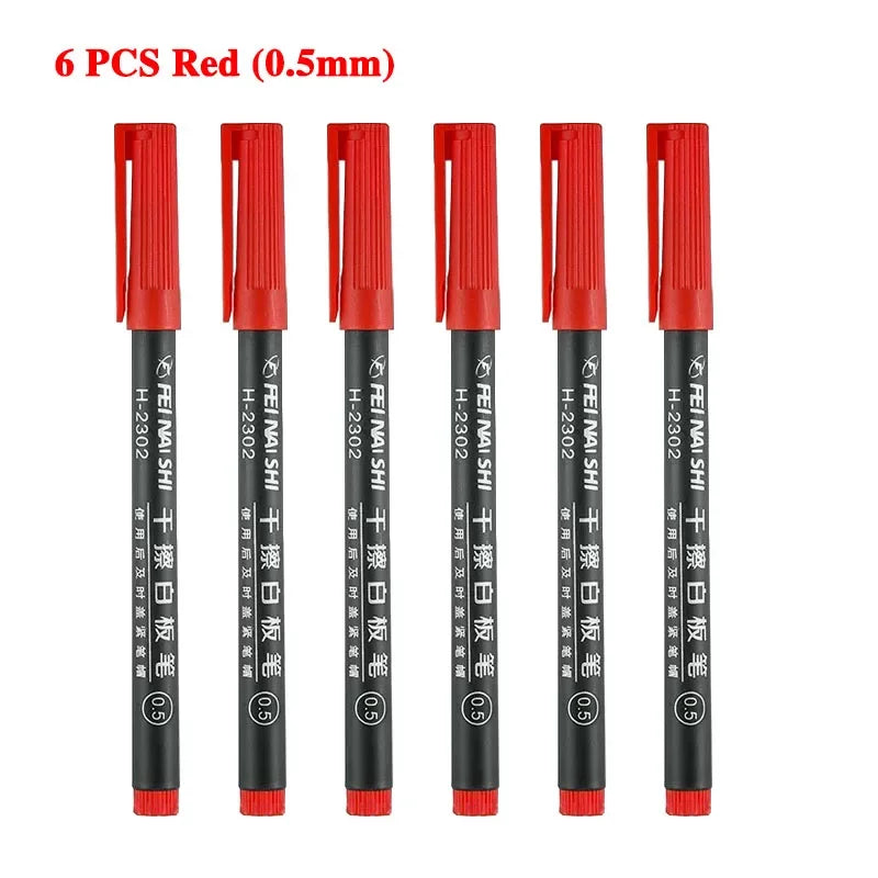 6 Pcs Erasable Whiteboard Pen 0.5/1.0mm Fine Point Black/Blue/Red Ink Blackboard Marker School Office Art Writing Stationery