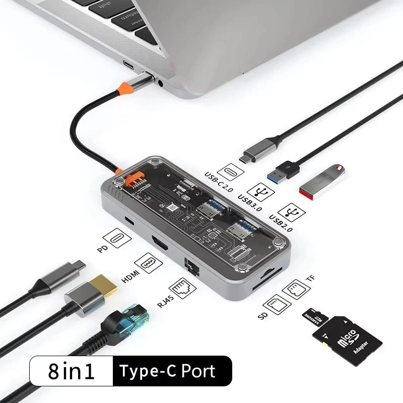 Basix USB C HUB 4K 30Hz Type C to HD-MI DP VGA Gigabit Ethernet USB 3.0 PD 100W Adapter For Macbook Air Pro M2 M1 PC Accessories
