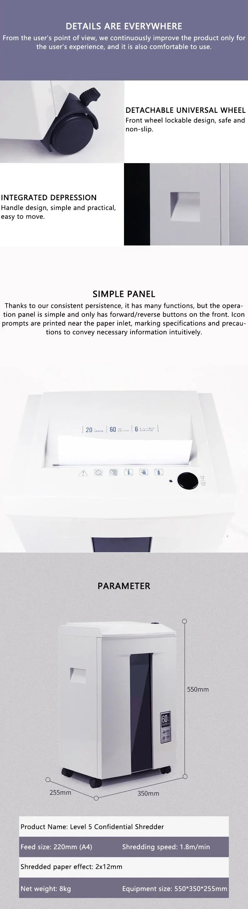 Hot Sale 20L Electric Shredder 2*12mm High Power 5 Level Secret Continuous 40 Minutes Work Office Home Paper Grinder Crusher Des