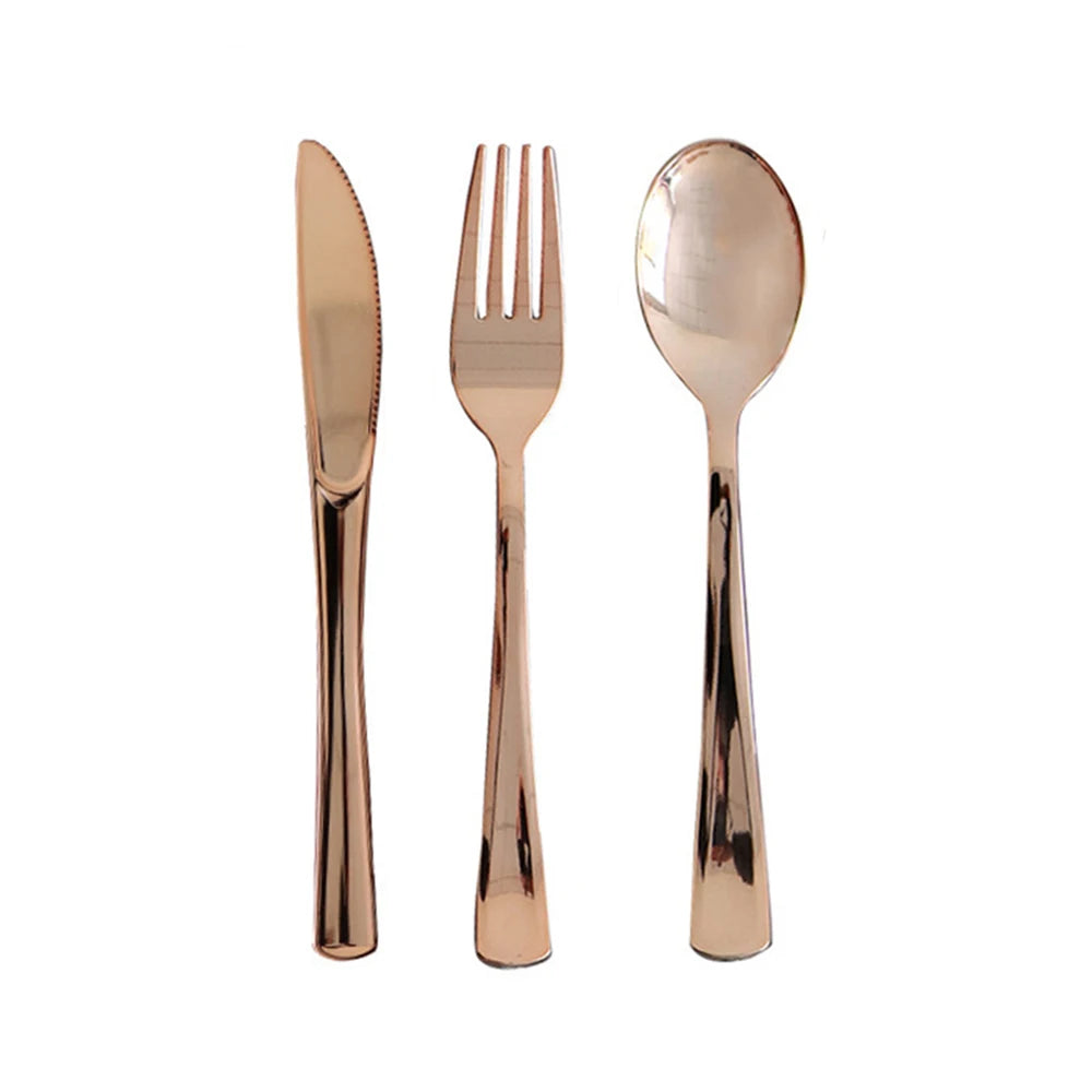 Rose Gold Disposable Knife Fork Spoon Cutlery Set Disposable Tableware Birthday Party Decorations Wedding Baby Shower Supplies
