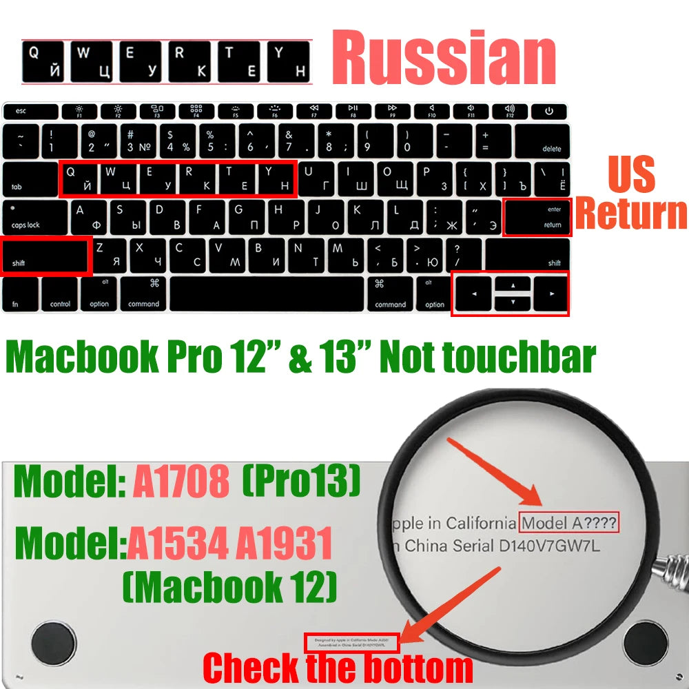 Russian Layout MacBook Pro Keyboard Cover 14" 16" M4 M3 M2 M1 Pro, MacBook Air 15" 13.6" M3 M2 Silicone Skin, US/EU Version