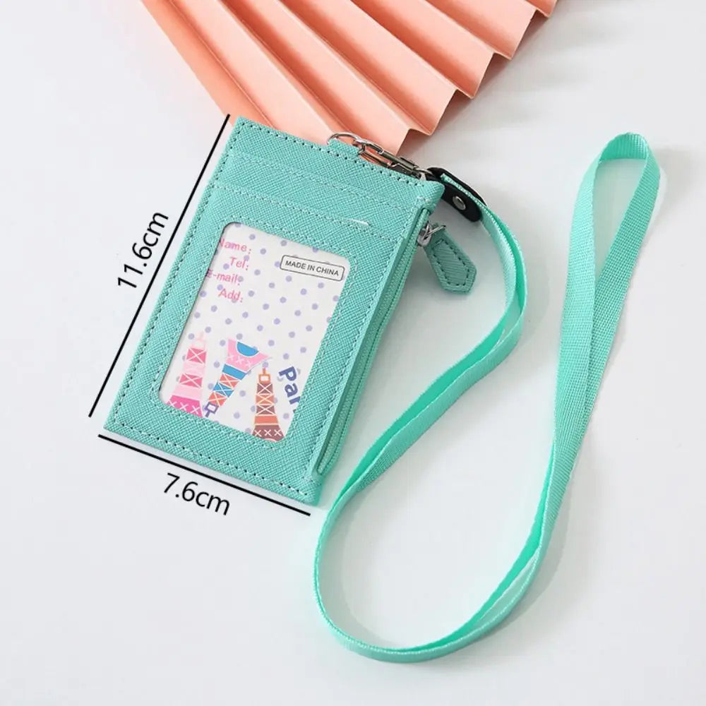 Portable PU Leather Card Bag Holder with Neck Lanyard Student Card Bag Coin Purse Card Case Zipper Bag Office Casual Supplies