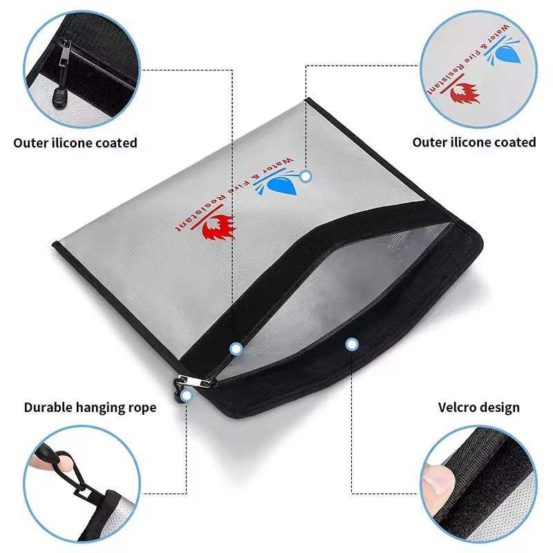 Fireproof & Waterproof Bag, File Storage Bag with Zipper Reusable Pouch for Certificates, Money, Cards (Black, Silver)