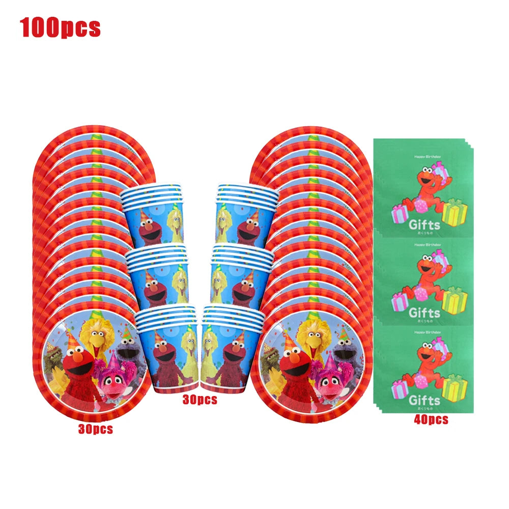 Cartoon SEsame-Streets Birthday Party Set Supplies Kids Disposable Tableware Balloon Cake Topper Banner Plates Decoration