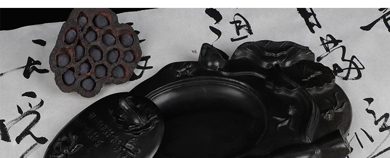 Carving Ink Stone Lotus Shaped Natural Calligraphy Rock Grinding Inkstone Plate Chinese Painting Calligraphie Strong Ink Inkslab