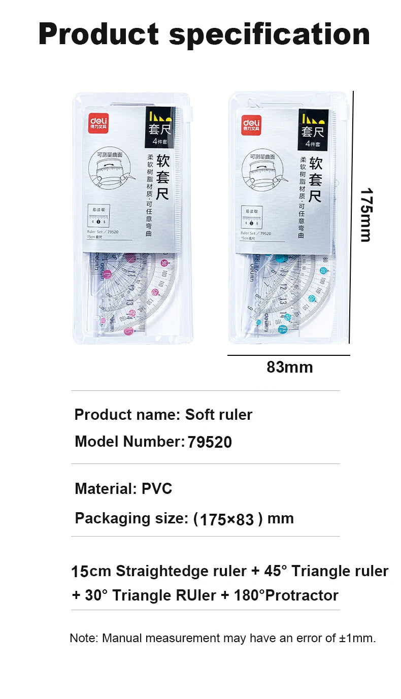 Deli Transparen Soft Ruler Set 4 in 1 Plastic Rulers for Student Drawing Mathematical Geometry School Stationery Curve Ruler