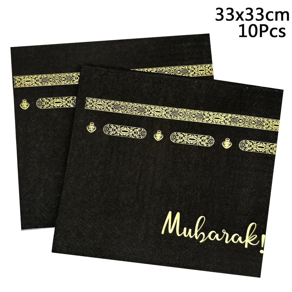 10Pcs Umrah Eid Mubarak Ramadan Party Disposable Tableware Kaaba Paper Plates Cups Napkin Muslim Islamic Eid Al-Fitr Decoration