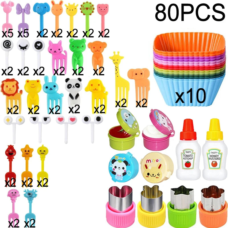 Mini Fruit Forks For Children Kids Cute Animal Food Picks Snack Toothpicks With Vegetable Cutter Set Silicone Lunch Box Dividers