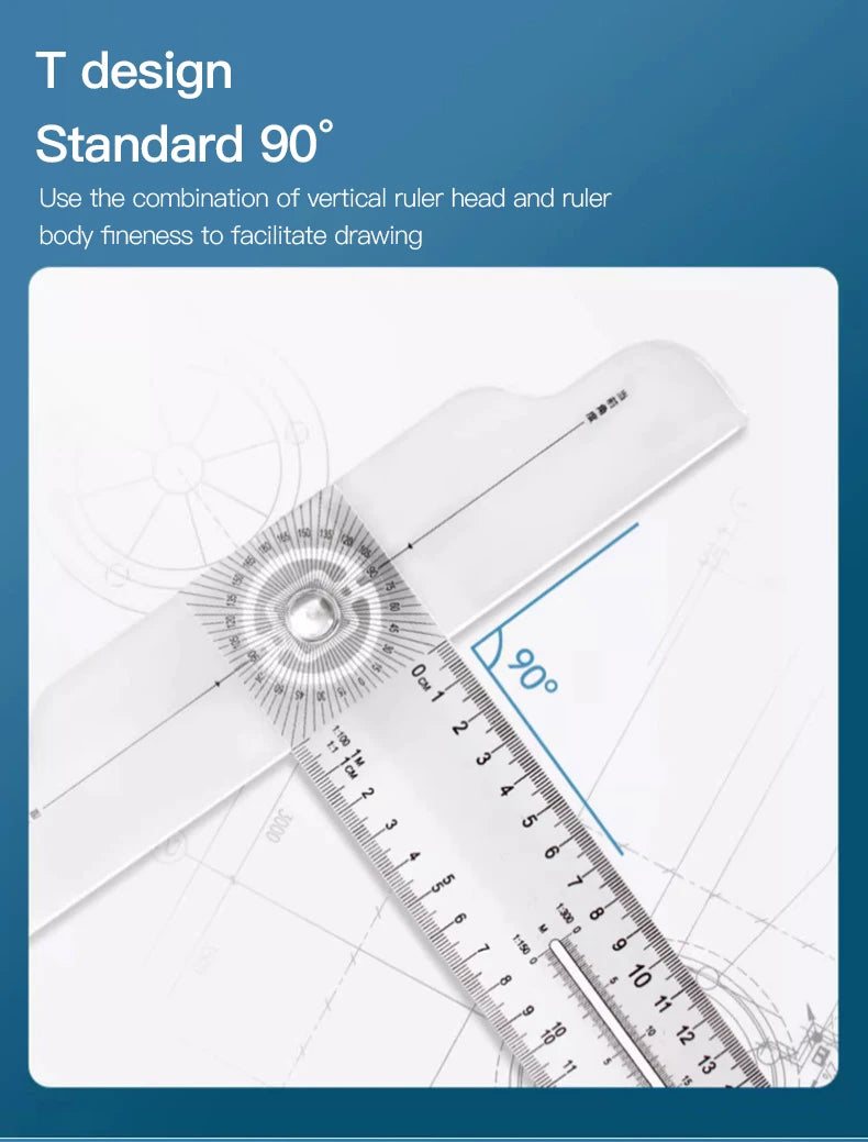 2/1pcs Multifunction Rotatable T-Square Ruler 4mm Thicken Plastic Math Line Circular Transparent Folding Geometric Drawing Ruler