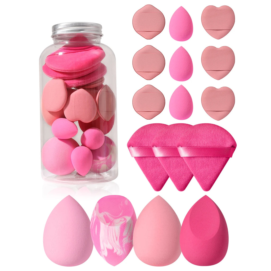 16PCS Pink Makeup Sponge & Powder Puff Set, Dry & Wet Use Foundation Blender, Latex-Free Beauty Tools with Storage Jar for Daily Makeup