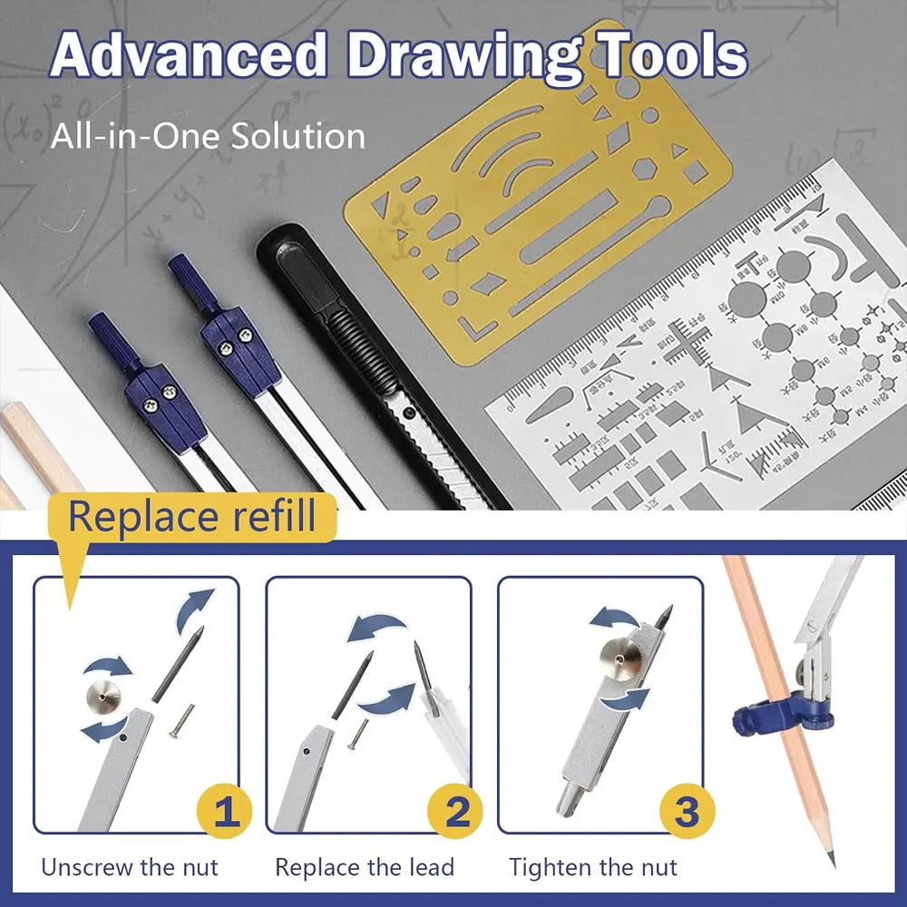 15-Piece Geometry Drawing Set with Portable Case, Dual Metal Compasses, Clear Rulers and Templates for School, Math and Drafting