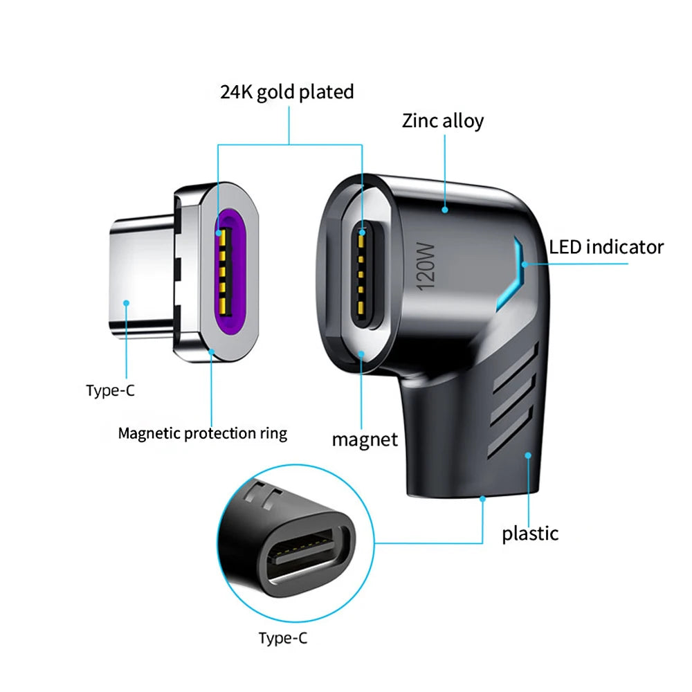 Elough 120W USB Type C To USB C Magnetic Adapter 90 Degree Fast Charging Magnetic Converter For Macbook iPad Pro Switch Samsung