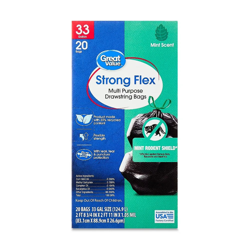 Strong Flex 33 Gallon Drawstring Trash Bags, Mint Scented, 20 Count Heavy Duty Kitchen Garbage Can Liners