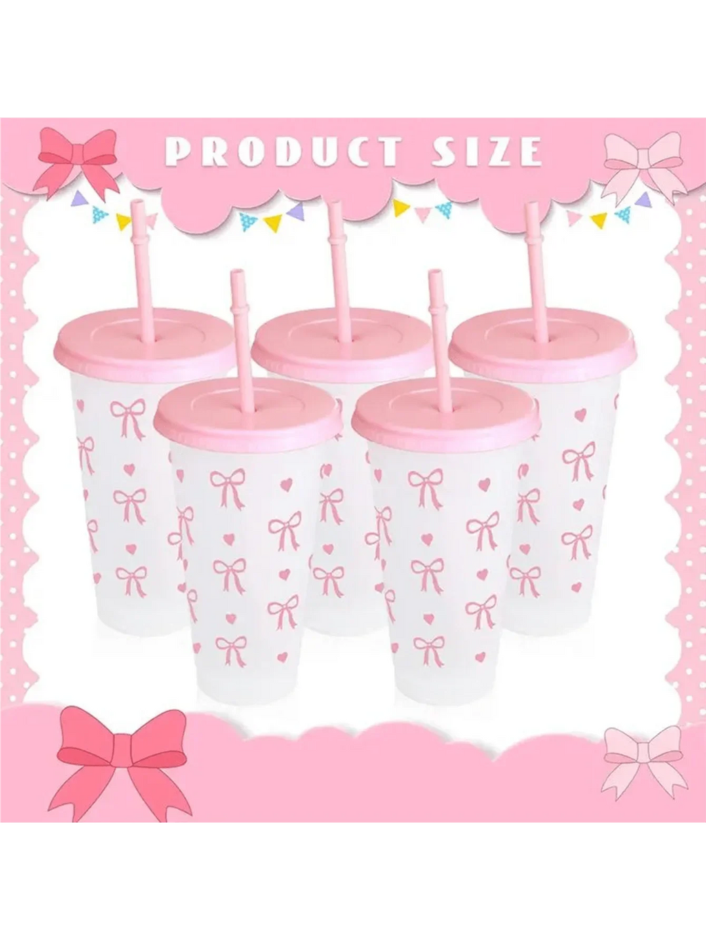Reusable Plastic Cups With Pink Ribbons, 24 Ounces With Straws And Lids. For Parties, Drinking, Coffee, Weddings, Birthdays