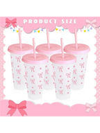 Reusable Plastic Cups With Pink Ribbons, 24 Ounces With Straws And Lids. For Parties, Drinking, Coffee, Weddings, Birthdays